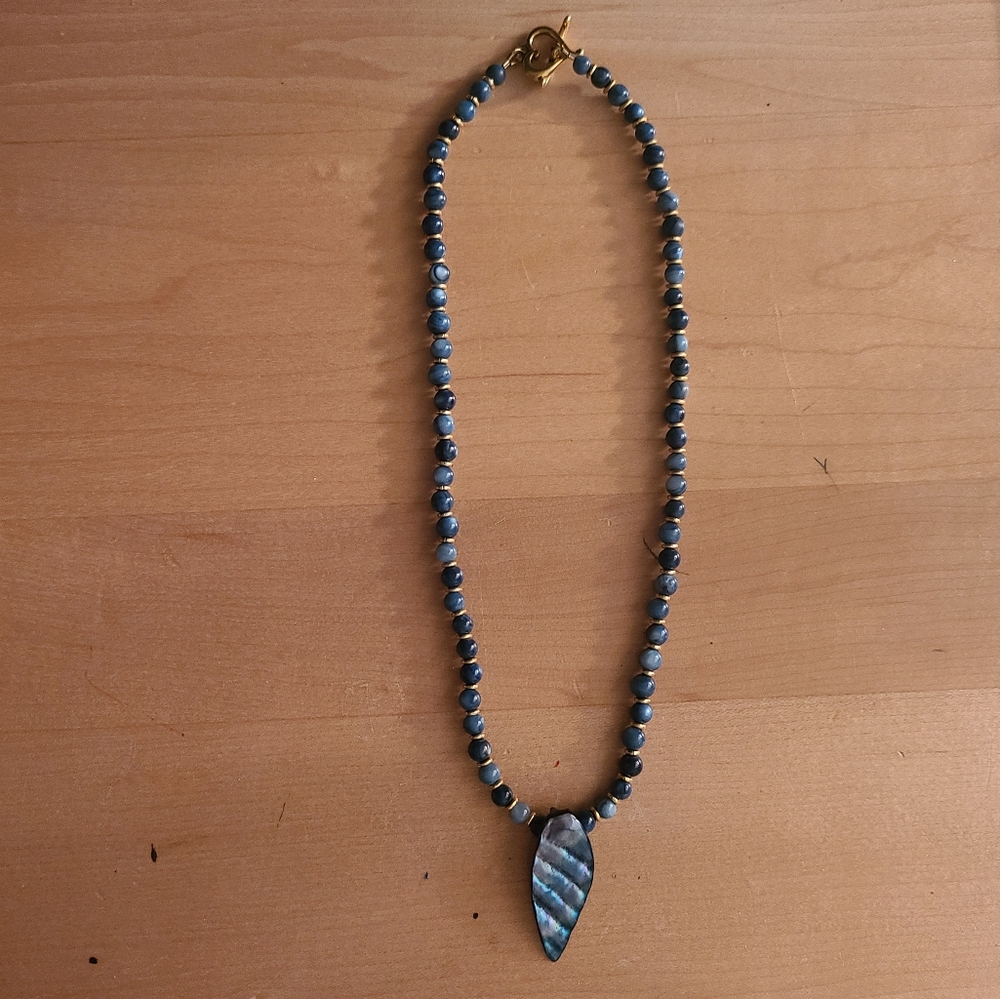 One-of-a-kind iridescent blue custom-made beaded necklace toggle clasp